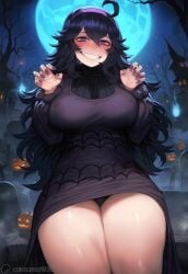 1-a_dot 1girls ai_generated big_breasts blush breasts dress female grin halloween hex_maniac large_breasts long_hair looking_at_viewer messy_hair pokemon pumpkin purple_eyes smile solo