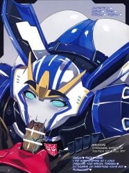 1boy 1girls 2014 blowjob blue_eyes comic cybertronian denkishowgun english_text sideswipe strongarm_(transformers) transformers transformers_robots_in_disguise_(2015) translated