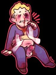 1boy anonymous beaten bleeding blood bruised chubby disembodied_hand disembodied_hands duo duo_focus fallout hand_on_stomach male male_only vault_boy