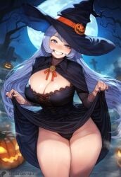 1-a_dot 1girls ai_generated big_breasts blue_eyes blue_hair blush breasts cleavage dress female female_only grin hadou_nejire halloween halloween_costume large_breasts long_hair looking_at_viewer my_hero_academia nejire_hado pumpkin smile solo thick_thighs thighs witch_costume witch_hat