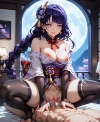 ai_generated akira_hentai black_pantyhose breasts breasts_exposed cockworship cum exposed female from_behind genshin genshin_impact horny japanese long_hair long_sleeves nelson nipples pussy raiden_shogun saliva seductive shogun spit thcik_cock thighlet