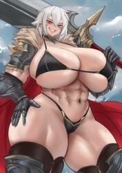 1girls abs breasts huge_breasts looking_at_viewer nastart navel red_eyes smile taller_female white_hair