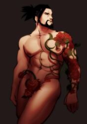 1boy abs bara beard black_hair blizzard_entertainment convenient_censoring facial_hair feet_out_of_frame flower hanzo looking_to_the_side male male_focus male_only muscular muscular_male nipples nude nude_male overwatch pectorals solo solo_male standing thighs uni0421 yetigo