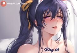 1girls ai_generated akeno_himejima akyoi animal_ears bedroom black_hair blush bunny_ears female high_school_dxd light-skinned_female light_skin long_hair looking_at_viewer patreon ponytail purple_eyes ribbon smile solo solo_female very_long_hair