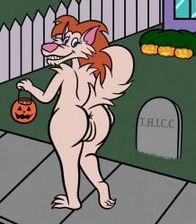 anthro anus ass big_butt candy canid canine canis dessert detailed_background fangs female fence fluffy_the_werewolf food fruit genitals halloween hi_res holidays jack-o'-lantern johnny_bravo_(series) looking_back mammal mythological_canine mythological_creature mythology nude outside plant pumpkin pussy raised_tail sharkinwaves shrub solo tail teeth tombstone werecanid werecanine werecreature werewolf wolf