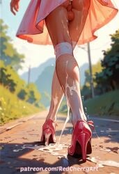 after_anal after_sex ai_generated ass balls crossdressing cum cum_in_ass cum_on_legs cum_pool dress femboy heels no_panties otoko_no_ko redcherryart shoes sissy stockings testicles trap walking