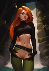 1girls ai_generated disney disney_channel female_only gloves green_eyes_female hoichoi139 kim_possible kimberly_ann_possible long_hair_female navel no_panties orange_hair_female pants_open partially_submerged pussy solo_female standing_in_water waterfall