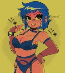 1girls black_eyes black_nails blue_hair blue_underwear blush choker elbow_gloves eyeshadow female garter_belt garter_straps gloves hand_on_hip kumothz nail_polish ramona_flowers scott_pilgrim short_hair solo solo_female sparkles tongue_out underwear