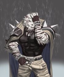 2020 5_fingers anthro arknights bulge clothing colored detailed_bulge felid fingerless_gloves fingers gloves grausummon handwear humanoid_hands hypergryph male mammal mountain_(arknights) muscular muscular_anthro muscular_male pantherine solo studio_montagne tiger