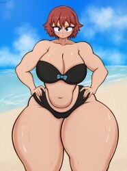 1girls beach big_ass big_breasts big_thighs black_eyes breasts breasts curvy curvy_figure female female_focus female_only freckles freckles_on_face huge_breasts kim_pine kumasi massive_breasts nipples pawg red_hair scott_pilgrim scott_pilgrim_takes_off short_hair swimsuit thick thick_thighs