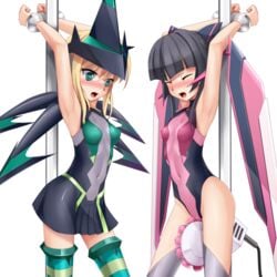 2girls akatsuki_kirika alpha_channel arms_above_head black_hair blonde_hair blush bodysuit bondage bound_to_pole breasts closed_eyes clothed_navel eto female female_only femsub for_sticker_use green_eyes hair hat highres motion_blur multiple_girls multiple_subs no_background png restrained rubber rubber_clothing senki_zesshou_symphogear sex_machine sticker_template swimsuit thighhighs tied_to_pole transparent_background transparent_png tsukuyomi_shirabe