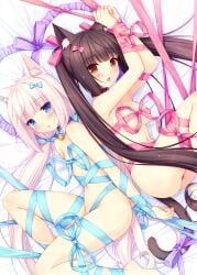 2girls blue_eyes bondage brown_eyes brown_hair chocola_(sayori) female female_only multiple_girls nekopara ribbon sayori tied_up vanilla_(sayori) white_hair