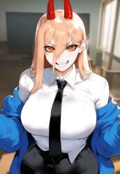 ai_generated blonde_hair blush breasts chainsaw_man dark-skinned_male feet female huge_breasts juuicyai massive_ass massive_breasts necktie nipples power_(chainsaw_man) sharp_teeth sweat yellow_eyes yellow_hair