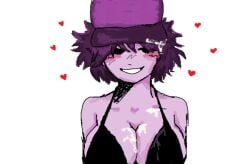 artist_self-insert bikini character_name character_name:violetkomara cum_on_breasts cum_on_hair cum_on_hat hat pixelated violet_hair violet_skin white_background