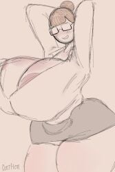 areola_slip arms_behind_head artist_name asian asian_female bangs blush bun_(hairstyle) cleavage coryhen_(artist) glasses horny horny_female huge_breasts office_lady self_upload skirt small_skirt smile thick_thighs wide_hips