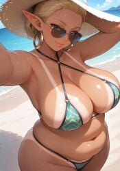 ai_generated beach bikini bikini_bottom bikini_top blonde_female blonde_hair chubby_female curvy curvy_female elf elf_female fat hoop_earrings large_breasts milf ocean plump pointy_ears selfie sunglasses sunhat tan_body tan_skin tanline tanlines thick thick_thighs