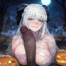 1-a_dot 1boy 1girls ai_generated bandages big_breasts blue_eyes blush breasts censored dark-skinned_male dark_skin fate/grand_order fate_(series) female halloween halloween_costume huge_cock interracial large_breasts long_hair looking_at_viewer male male_pov morgan_le_fay_(fate) mummy_costume penis pov pumpkin silver_hair smile