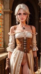 ai_generated cd_projekt_red ciri female green_eyes light-skinned_female looking_at_viewer mascara no_panties pussy scar solo stillafeetlover the_witcher_(series) the_witcher_3:_wild_hunt white_hair