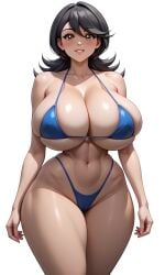 ai_generated arms_at_sides bikini black_hair blue_bikini brown_eyes cameltoe cleavage enormous_breasts female gigantic_breasts groin highleg_bikini hourlgass_figure looking_at_viewer massive_breasts mindy_(yu-gi-oh!) momoe_hamaguchi narrow_waist simple_background slim_waist smile solo thick_thighs thin_waist wide_hips yu-gi-oh!_gx zakvar