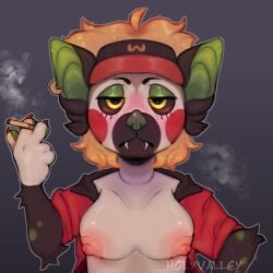 anthro artist_request bat breasts cigarette female holyvalley oc serious_look smoking solo