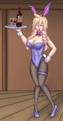 blonde_hair blush braid bunny_girl cleavage cloud_strife cloudette_strife fake_animal_ears fake_tail female female_only femsub final_fantasy final_fantasy_vii fully_clothed high_heels hypnolion open_mouth rule_63 tattoo tray waitress