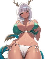 bikini blush breasts cleavage dragon_girl dragon_horns dragon_tail female_only green_eyes highres horns large_breasts looking_at_viewer medium_hair nail_polish navel original smile solo swimsuit tail white_hair yan.c