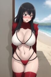 bare_shoulders beach bikini black_eyes black_hair blush breasts curvy_figure hair_between_eyes hibana kunoichi_(game) large_breasts long_hair nightshade_(game) pale_skin red_bikini_top