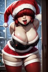 ai_generated bangs bangs_over_eyes brown_hair choker christmas christmas_outfit chubby cleavage drooling goth goth_girl hair_over_eyes huge_breasts josie_(euclidbeing) massive_breasts massive_thighs miniskirt original_character santa_costume santa_hat stockings tongue tongue_out