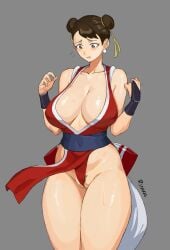 1girls absurd_res artist_name big_breasts blush breasts brown_eyes brown_hair capcom chun-li cleavage cosplay cowboy_shot double_bun earrings embarrassed fatal_fury female_pubic_hair fundoshi grey_background hair_ornament hi_res japanese_clothes king_of_fighters looking_down mai_shiranui_(cosplay) matching_hair/eyes nervous nipple_bulge partially_visible_vulva pearl_earrings pelvic_curtain pubic_hair revealing_clothes rioooo shiny_skin short_hair signature simple_background snk solo standing street_fighter street_fighter_alpha sweat thick_thighs thighs