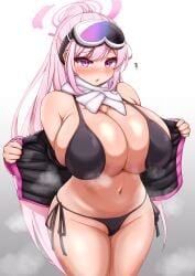 absurdres bikini black_bikini blue_archive breasts eimi_(blue_archive) eimi_(swimsuit)_(blue_archive) female gigantic_breasts goggles goggles_on_head halo highres jacket long_hair millennium_science_school_student navel official_alternate_costume open_clothes open_jacket padded_jacket pink_hair pink_halo pink_jacket purple_eyes scarf side-tie_bikini_bottom sinape_(penasi_1) ski_goggles solo standing super_phenomenon_task_force_(blue_archive) swimsuit very_long_hair white_scarf