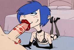 1boy1girl ai_generated black_lingerie blue_eyeshadow blue_hair choker ed_edd_n_eddy fellatio garter_belt garter_straps gloves high_heels kiss_mark lingerie lipstick lipstick_mark long_gloves marie_kanker nylon_stockings nylons penis_in_mouth red_lips red_lipstick shirt_hair stockings