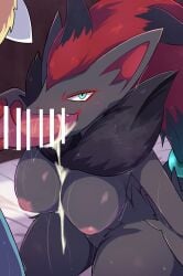 anthro biped black_body black_fur blue_body bodily_fluids censor_bar cum cum_in_mouth cum_inside duo erection female fur generation_4_pokemon generation_5_pokemon genital_fluids genitals green_eyes grey_body grey_fur hi_res leaking_cum looking_at_viewer lucario male multicolored_body multicolored_fur nintendo oral penis pokemon pokemon_(species) red_body red_fur rumine sweat yellow_body yellow_fur zoroark