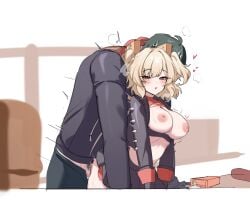 1boy :o black_jacket black_pants black_skirt blonde_hair blush breasts burnice_white female green_hair highres jacket large_breasts leaning lighter_(zenless_zone_zero) looking_at_viewer miniskirt nipples pants parted_lips red_eyes sex skirt spiked_jacket straight taiyaki12 zenless_zone_zero