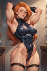 abs ai_generated beautiful_female big_butt big_hips disney disney_channel female_bodybuilder green_eyes kim_possible kimberly_ann_possible latex_gloves latex_suit medium_breasts muscle_tone muscular_arms muscular_ass muscular_female muscular_thighs orange_hair red_eyes redhead small_waist veiny_arms