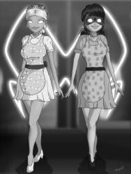 2girls alternate_version_available apron big_breasts black_and_white blank_eyes chloe_bourgeois clothed clothed_female corruption domestication domino_mask empty_eyes eye_mask female female_only femsub fully_clothed high_heels housewife ladybug_(character) marinette_dupain-cheng mind_control miraculous:_tales_of_ladybug_and_cat_noir miraculous_ladybug monochrome multiple_girls necklace pigtails short_hair smile stepfordization sunglasses sunglasses_on_head superhero superheroine trishbot whitewash_eyes