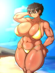 beach big_breasts bikini black_hair dark-skinned_female dark_skin female glasses large_breasts naufranzz nia_(naufranzz) original outdoors outside short_hair solo swimsuit tan tan_body tan_skin thick_thighs tomboy yellow_bikini