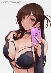 1girls araneesama big_breasts blushing blushing_at_viewer brown_eyes brown_hair choker kanojo_okarishimasu light-skinned_female lingerie looking_at_viewer mizuhara_chizuru smiling smiling_at_viewer solo solo_female taking_picture white_background