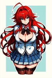 1girl ai_generated anime black_skirt blue_eyes cleavage confident_expression detailed_background detailed_hair dynamic_pose flowing_hair hair_ribbon high_school_dxd large_breasts long_hair looking_at_viewer red_hair rias_gremory school_uniform seductive_smile smile solo thighhighs upper_body