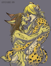 anthro anyare balls blonde_hair cheetah feline fur furry gay hair kissing lynx male romantic tail tongue