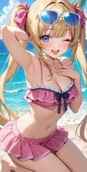 1girls adorable ai_generated armpits arms_behind_head arms_up background bangs bare_arms bare_legs bare_shoulders bare_thighs barefoot beach belly belly_button bikini bikini_bottom bikini_top blonde_female blonde_hair blonde_hair_female blue_eyes blush breasts collarbone commentary_request cute cute_girl day feet female female_focus female_only flat_chest flat_chested frilled_bikini frills girly hair_ribbon hand_on_breast hand_on_chest happy happy_female kneeling lia_the_busty_redhead light-skinned_female light_skin long_bangs long_hair looking_at_viewer midriff nature nature_background navel ocean one_eye_closed open_mouth original original_character outdoors outside palm_tree petite petite_body petite_female pink_bikini sand sea seaside self_upload shades skinny small_breasts solo solo_female solo_focus sunglasses sunglasses_on_head tagme teen teenage_girl teenager thighs tied_hair twintails water wavy_hair wink winking winking_at_viewer young