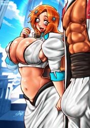 areola belly big_breasts bleach bleach:_the_thousand-year_blood_war bluewolfartista brown_skin bulge bulge_through_clothing cock_hungry ginger_hair huge_breasts inoue_orihime massive_breasts massive_penis muscles muscular nipple_bulge nipples penis_bulge wide_hips yasutora_sado