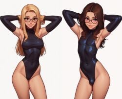 1boy 1girls ai_generated androgynous black_eyes black_gloves black_leotard blonde_hair breasts brown_hair bulge civitai claire_(truep81) elbow_gloves female femboy feminine_male glasses hands_behind_head long_hair looking_at_viewer male milf mother_and_son smile smiling_at_viewer truep81_(artist)