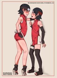 2girls armpit_sweat armpits bare_legs bare_shoulders black_hair boruto:_naruto_next_generations forehead_protector high_heels lips long_fingernails murasaki_akiyama naruto naruto_(series) red_dress red_glasses saliva_trail sarada_uchiha small_breasts sweat thigh_highs thighhighs