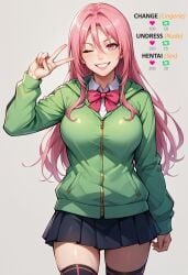 ai_generated anime anime_girl big_breasts blush breasts cleavage fanart female green_jacket hentai_suggestion highres hoodie jacket_open knee_socks kuroko's_basketball kuroko_no_basket kuroko_no_basuke lingerie_challenge long_hair mature_content momoi_satsuki peace_sign peace_sign_pose pink_eyes pink_hair pleated_skirt school_uniform seductive_smile skirt_lift smiling solo stable_diffusion suggestive_pose thick_thighs thigh_highs undressing_challenge waifuscans418 wide_hips winking