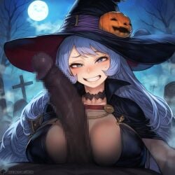 1-a_dot 1boy 1girls ai_generated big_breasts big_penis blue_eyes blue_hair blush breasts dark-skinned_male dark_skin dress female grin hadou_nejire halloween halloween_costume huge_cock interracial large_breasts long_hair looking_at_viewer male male_pov my_hero_academia nejire_hado penis pov pov_male pumpkin smile witch_costume witch_hat