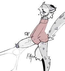 anthro big_penis bodily_fluids cat catboy chest_tuft closed_eyes clothing cum cumshot ejaculation felid feline feline_humanoid femboy fur furry genital_fluids genitals grey_body grey_fur huge_cock hung_trap leo_(shiyaa_stuff) male mammal masturbation pantherine penis scrotum_flap shiyaa_stuff snow_leopard solo sweater tongue tongue_out topwear tuft vein veiny_penis