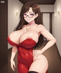 1woman ai_generated areolae_slip big_breasts black_thigh_highs black_thighhighs brown_hair brown_hair cleavage dog_collar glasses gold_earrings gold_jewelry gold_necklace grin hallway hand_on_hip hoop_earrings hotel kuro_inazuma large_breasts long_hair lustful_gaze mature_female pink_dog_collar purple_eyes red_dress side_slit skimpy_dress straight_hair thigh_high_stockings thigh_highs thighhigh_stockings thighhighs