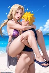 ai_generated carrying_position couple cum_in_pussy demo003 embarrassed_female gown hands_around_neck hearts_around_head naruto older_female romantic_couple slippers transparent_clothing tsunade uzumaki_naruto younger_male