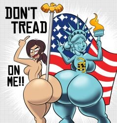 2girls american_flag ass between_buttocks big_ass big_breasts bottom_heavy breasts bubble_butt dat_ass fat_ass flagpole huge_ass inside_job large_ass living_statue looking_at_viewer looking_back massive_ass middle_finger nude nude_female oboithisisfunky png reagan_ridley statue_of_liberty text thick_ass thick_thighs thunder_thighs torch wide_hips