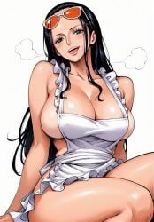 ai_generated alluring almost_naked almost_nude apron apron_only big_breasts big_breasts black_hair blue_eyes blush blush breasts breasts glasses long_hair looking_at_viewer nico_robin one_piece open_mouth post-timeskip seducing seduction seductive seductive_body seductive_eyes seductive_gaze seductive_look seductive_mouth seductive_pose seductive_smile shiny_hair shiny_skin steamy_breath sunglasses sunglasses_on_head voluptuous voluptuous_female yashin